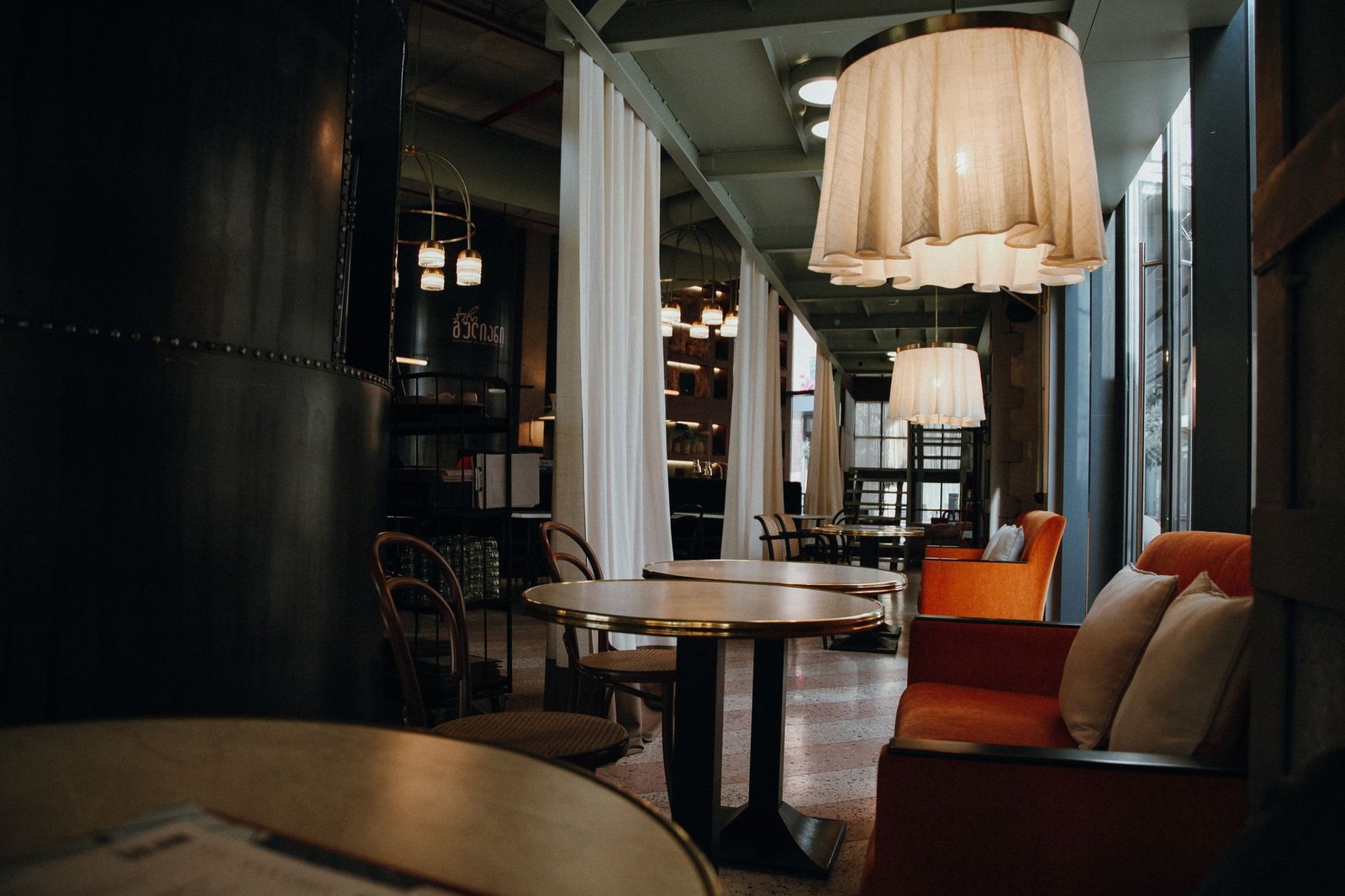 Newly finished corporate office interior with café and lounge area