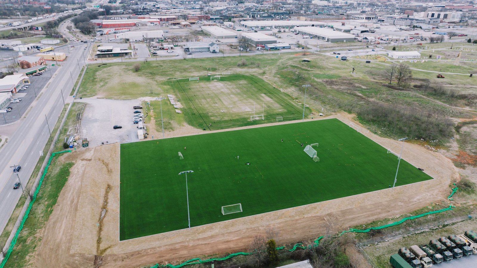 Community soccer complex fields aerial view