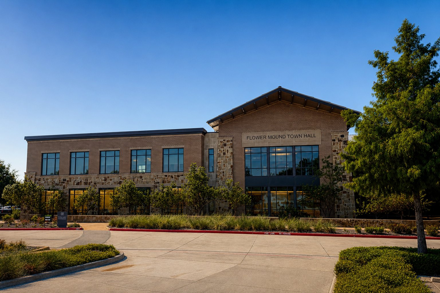Flower Mound Town Hall exterior on Cross Timbers Road, where council budget sessions are held