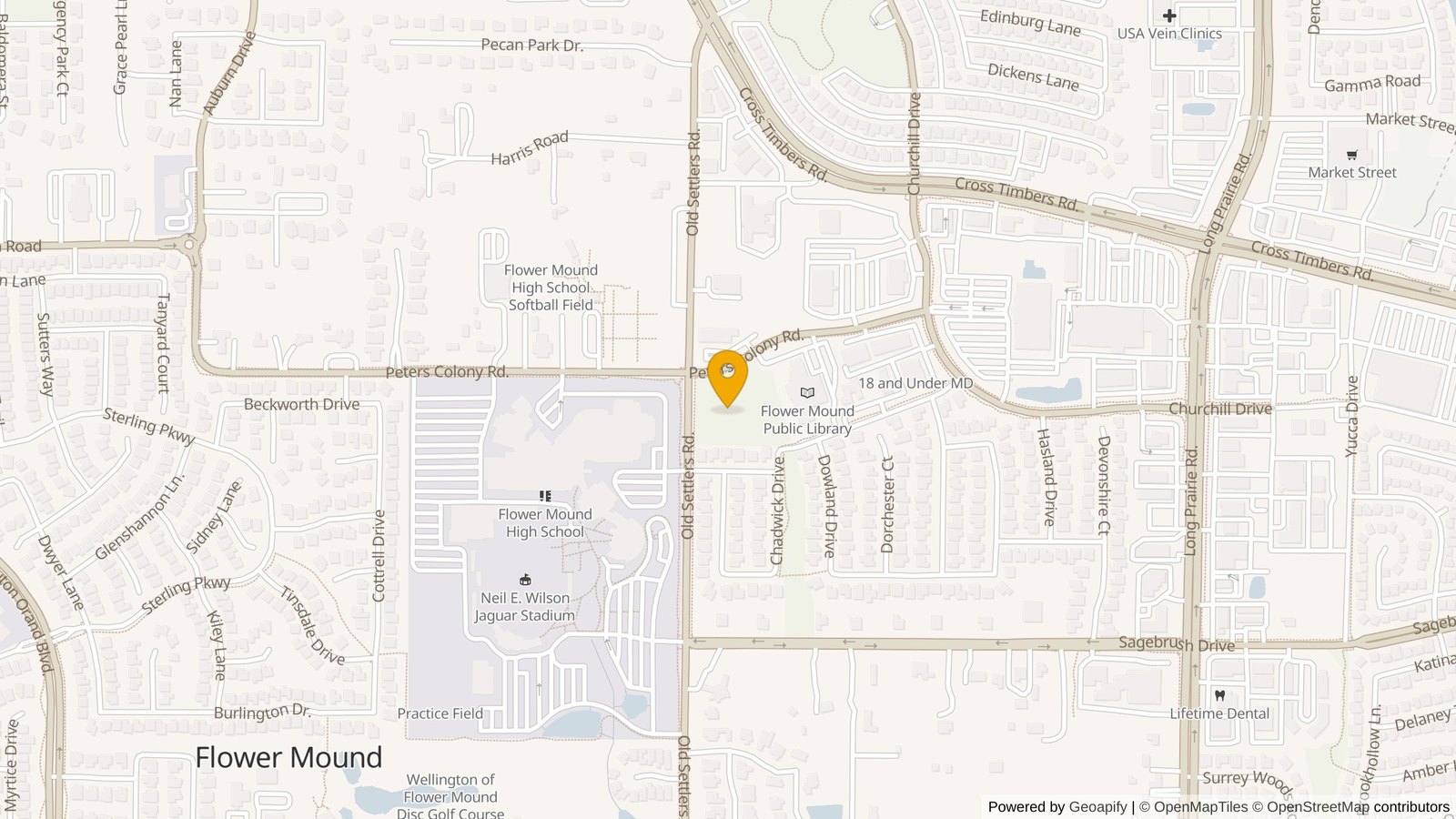 Map of Peters Colony Memorial Park location at 3201 Peters Colony Rd, Flower Mound, TX