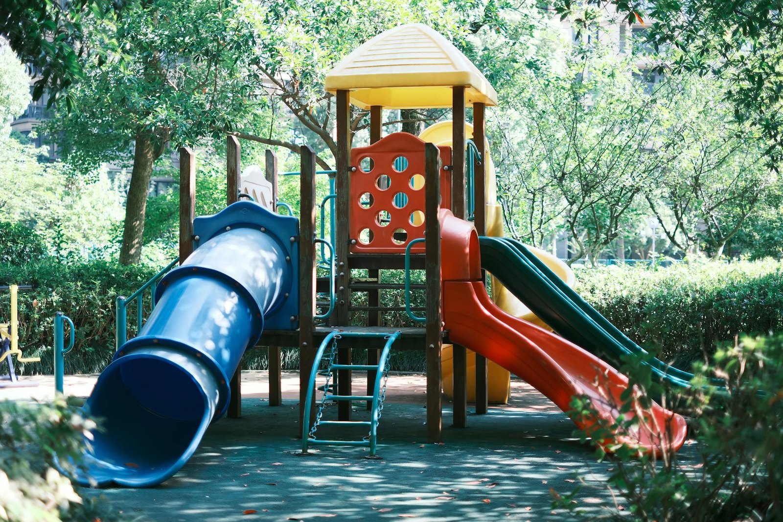 Nature-inspired playground equipment surrounded by native landscaping at a community park