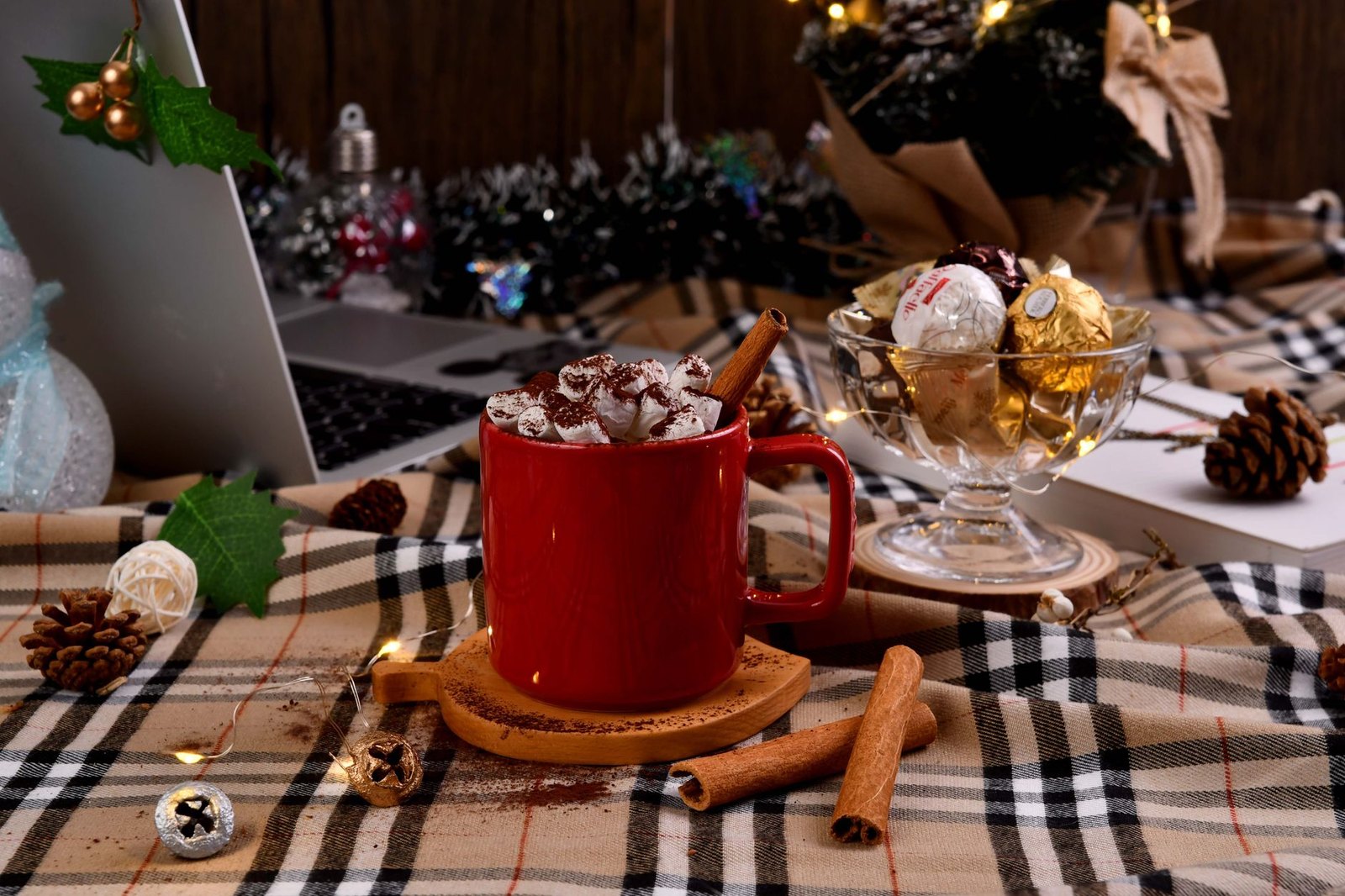Community event cocoa bar with mugs and hot chocolate setup