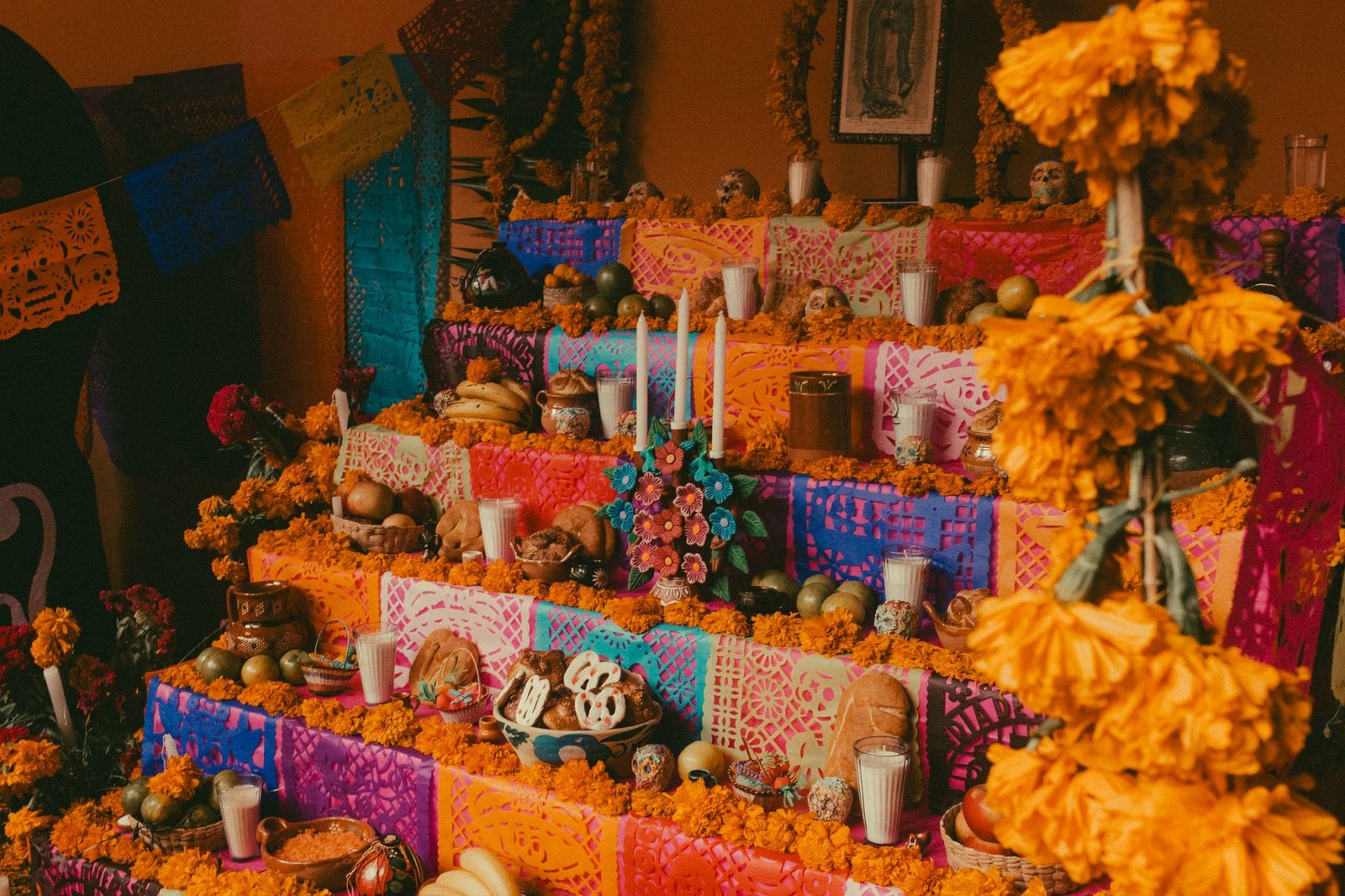 Día de Muertos themed paper craft marigold decorations