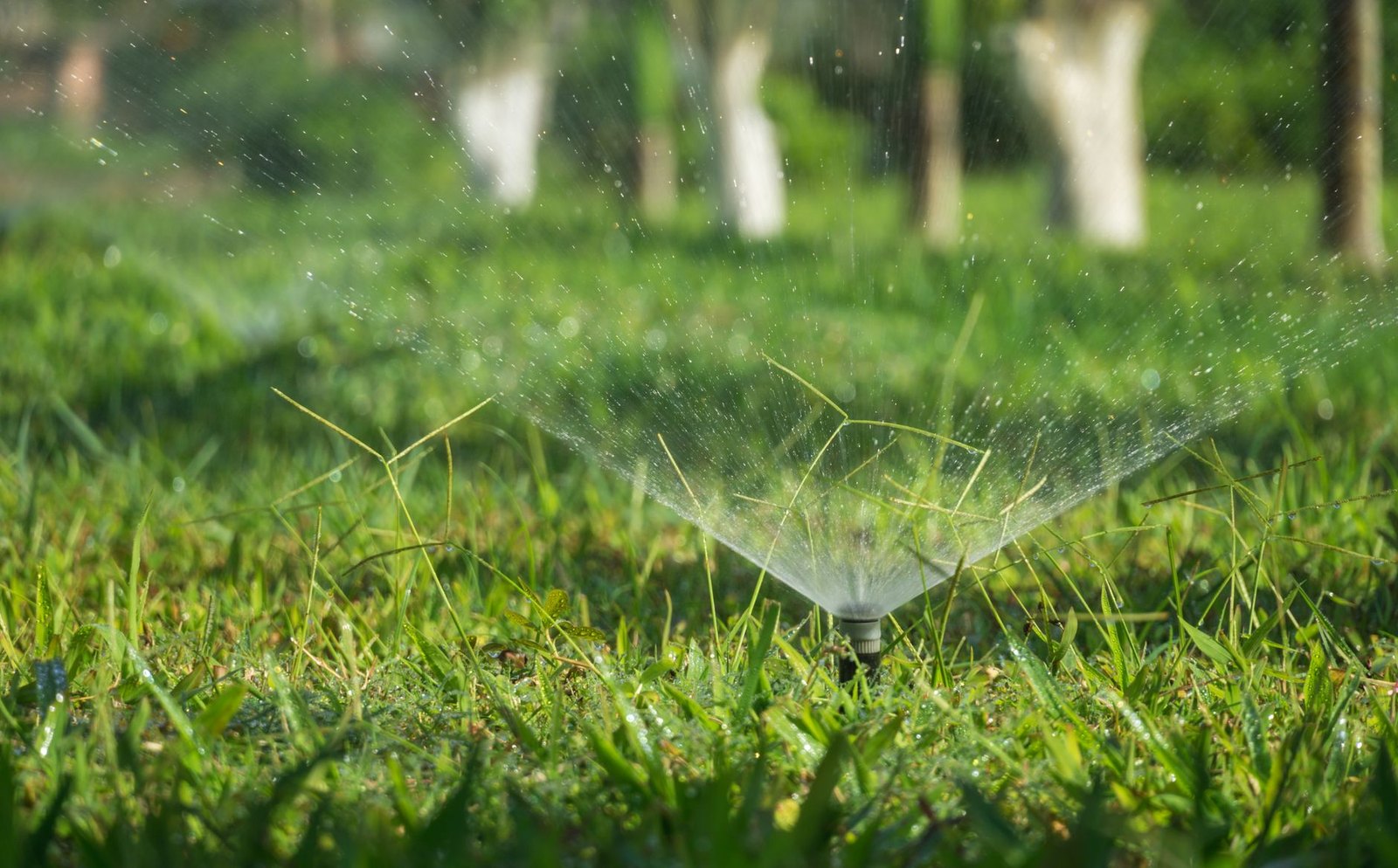 Automatic sprinkler system watering a green residential lawn in Flower Mound, TX